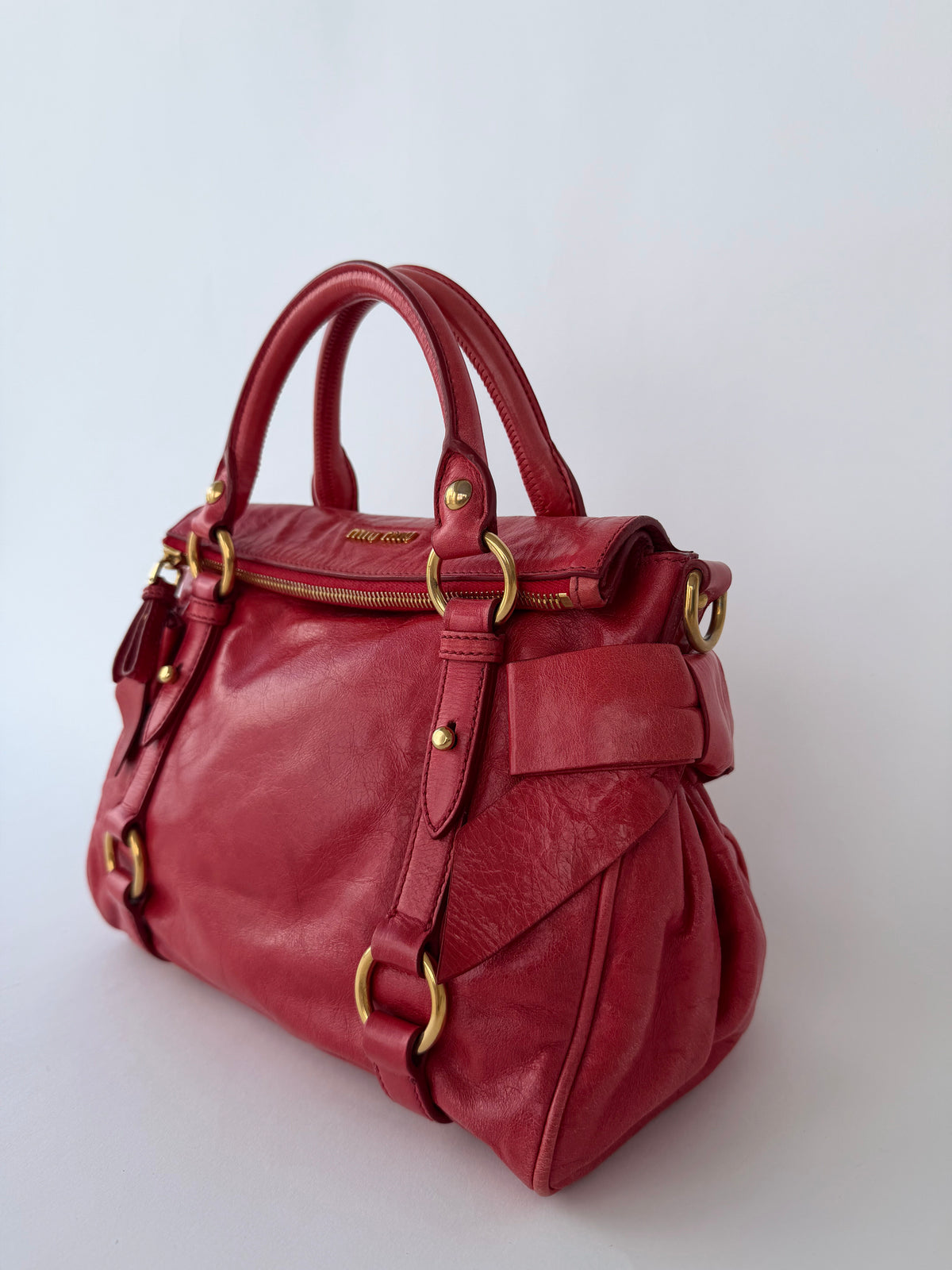 Miu Miu Vitello Lux Bow Handbag Red