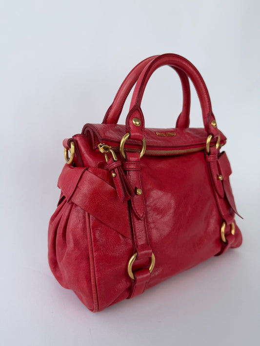 Miu Miu Vitello Lux Bow Handbag Red