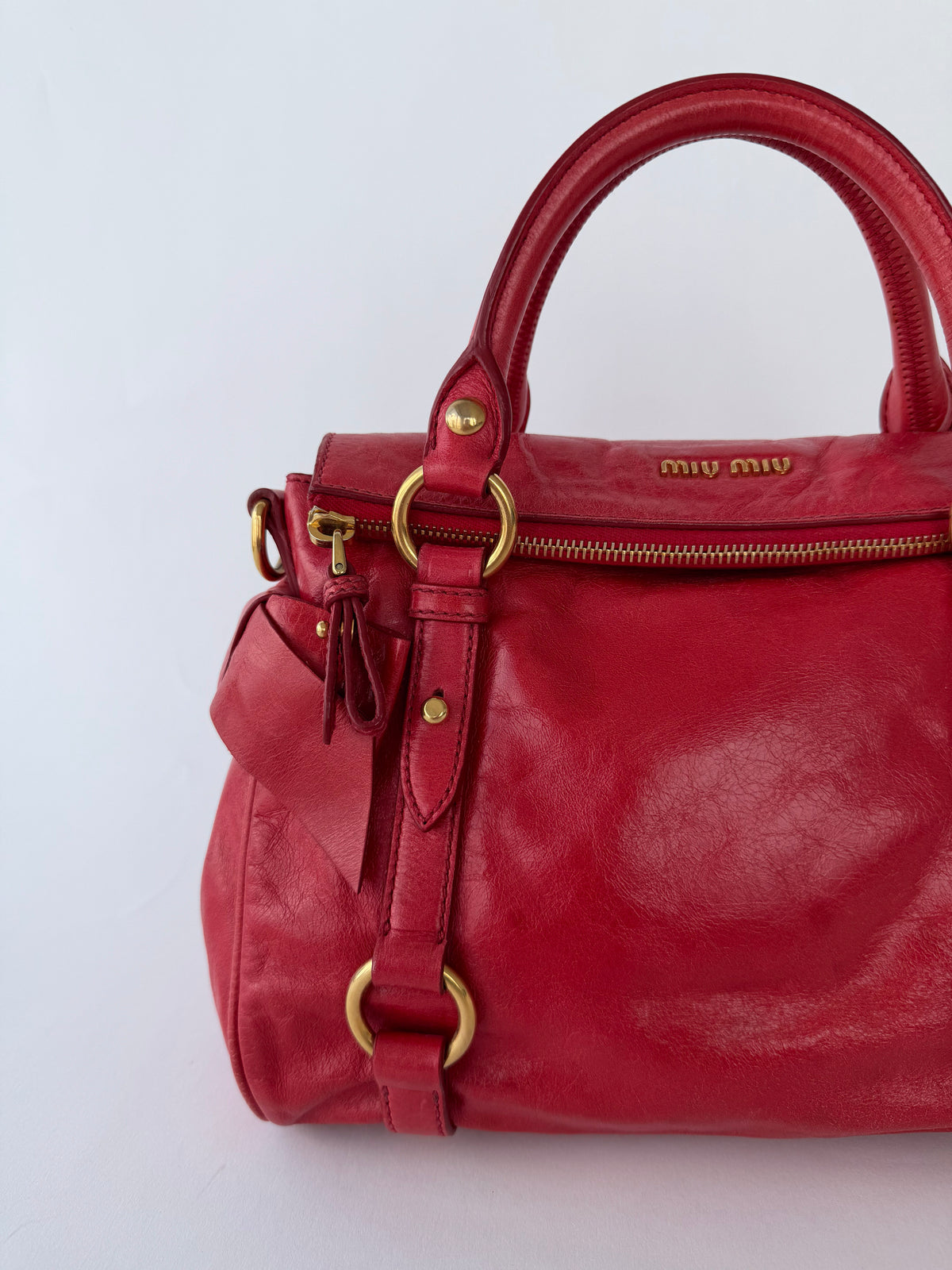 Miu Miu Vitello Lux Bow Handbag Red