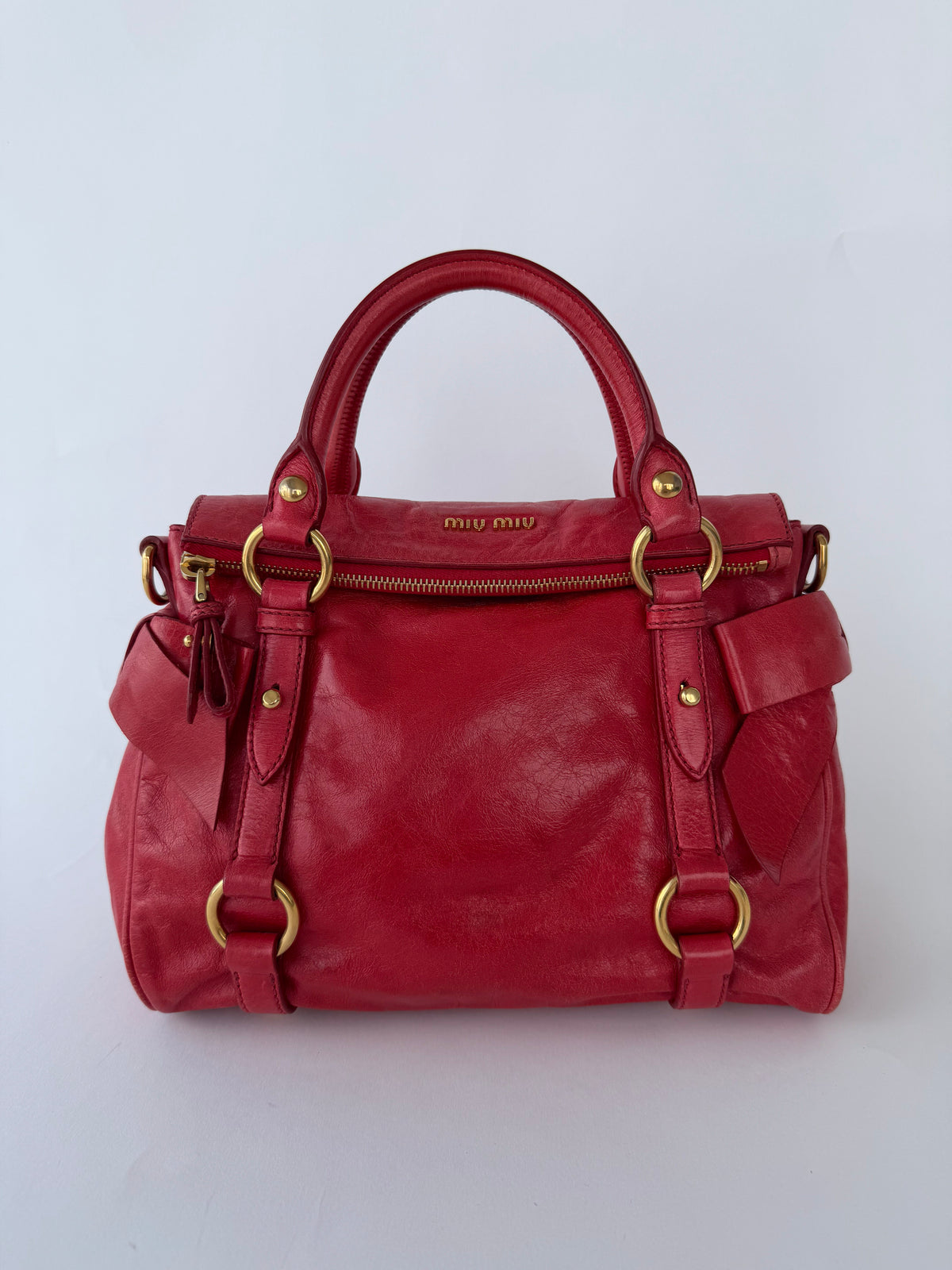 Miu Miu Vitello Lux Bow Handbag Red