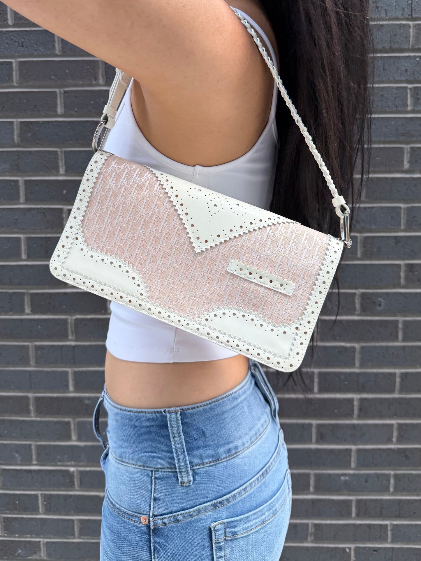 Dior D'Trick Pink Trotter Canvas White Perforated Leather Bag
