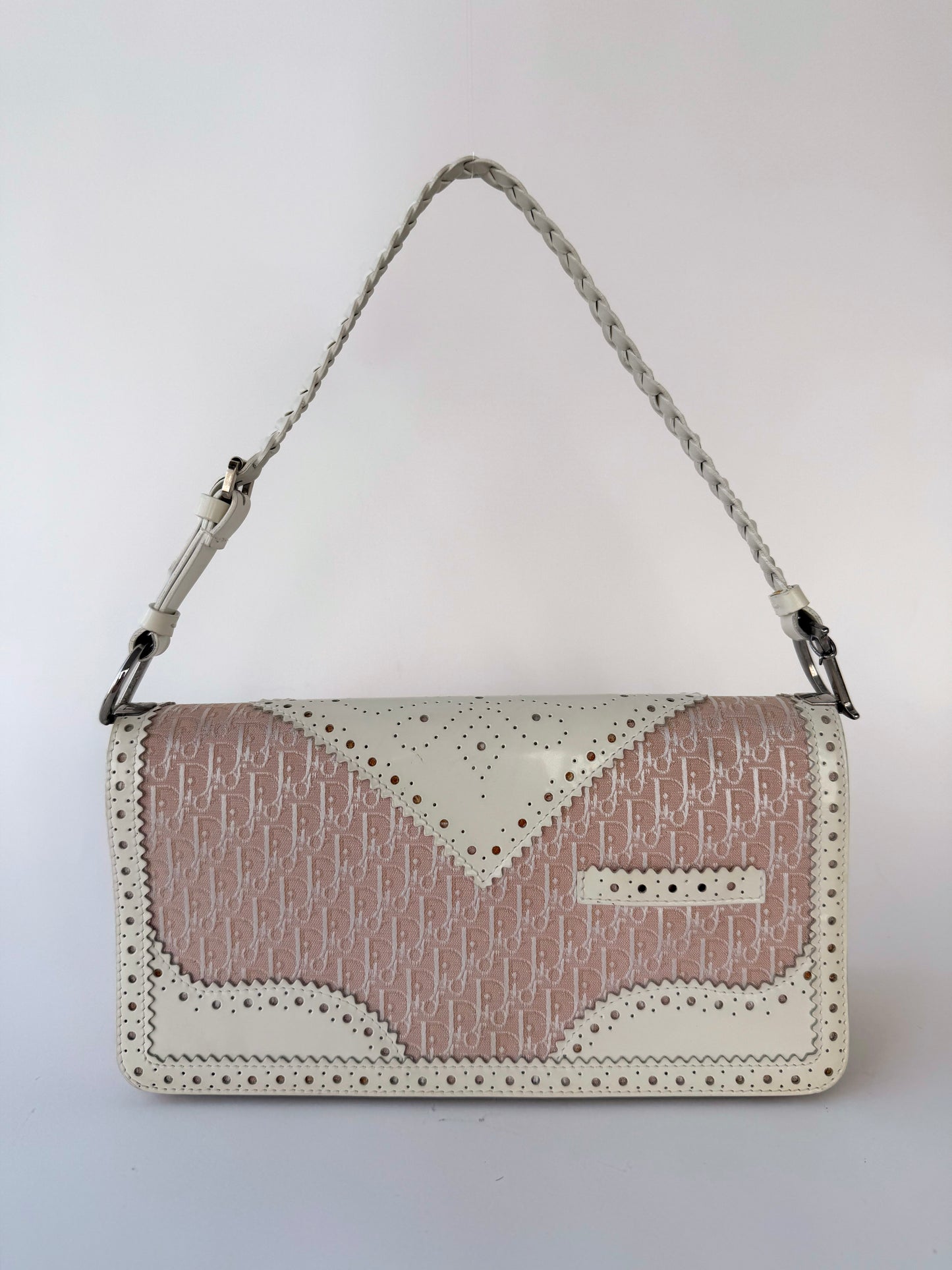 Dior D'Trick Pink Trotter Canvas White Perforated Leather Bag