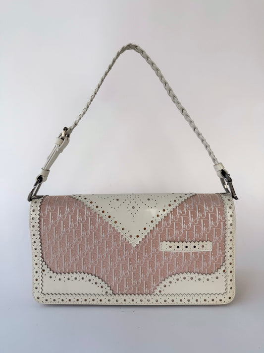 Dior D'Trick Pink Trotter Canvas White Perforated Leather Bag