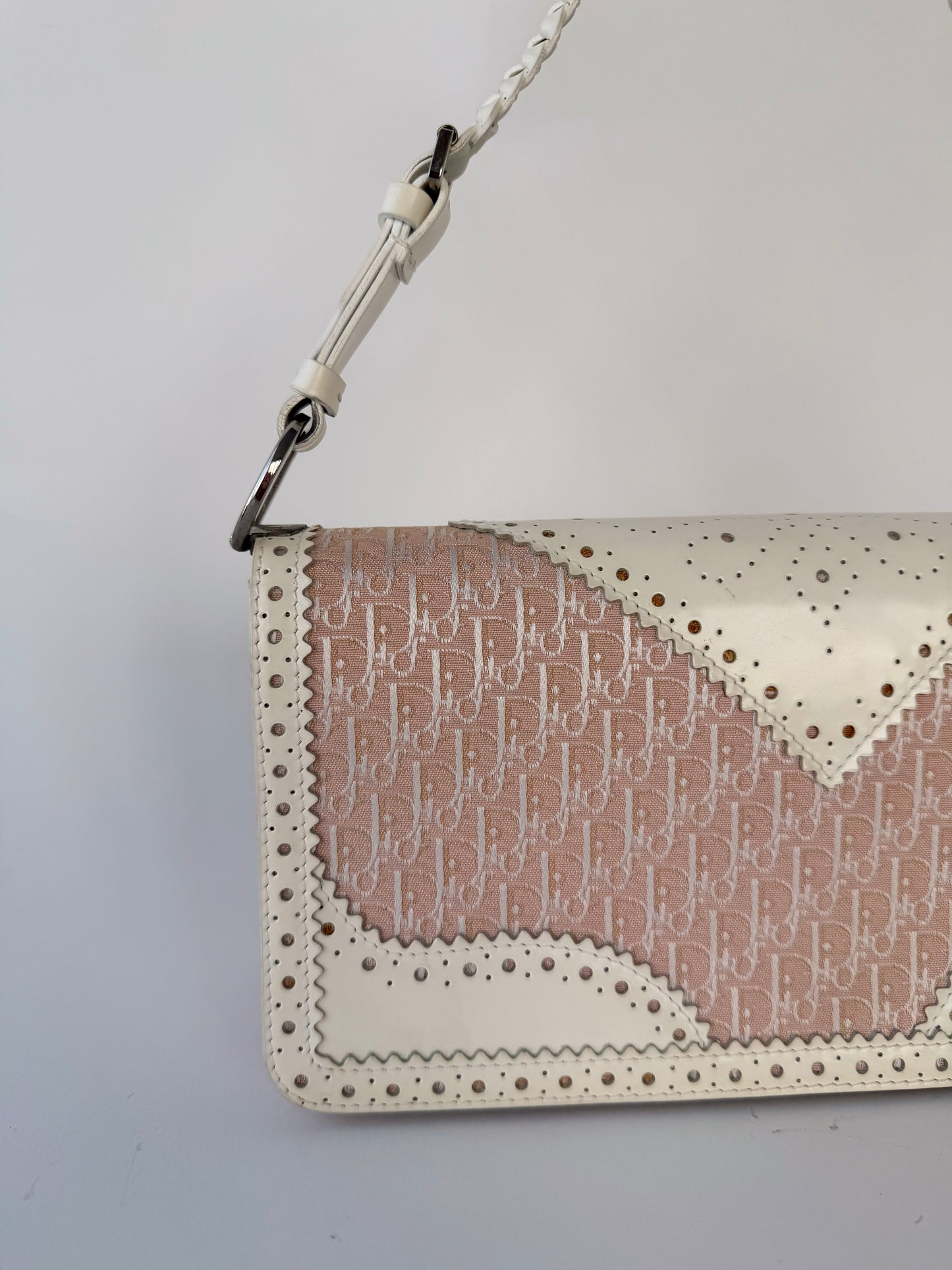 Dior D'Trick Pink Trotter Canvas White Perforated Leather Bag