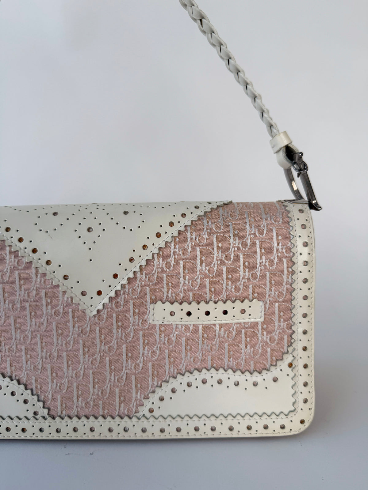 Dior D'Trick Pink Trotter Canvas White Perforated Leather Bag