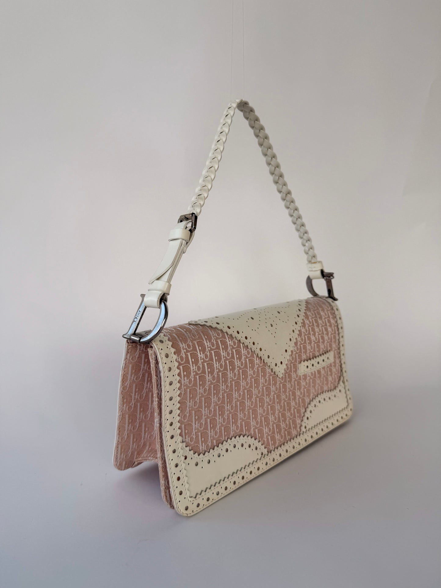 Dior D'Trick Pink Trotter Canvas White Perforated Leather Bag
