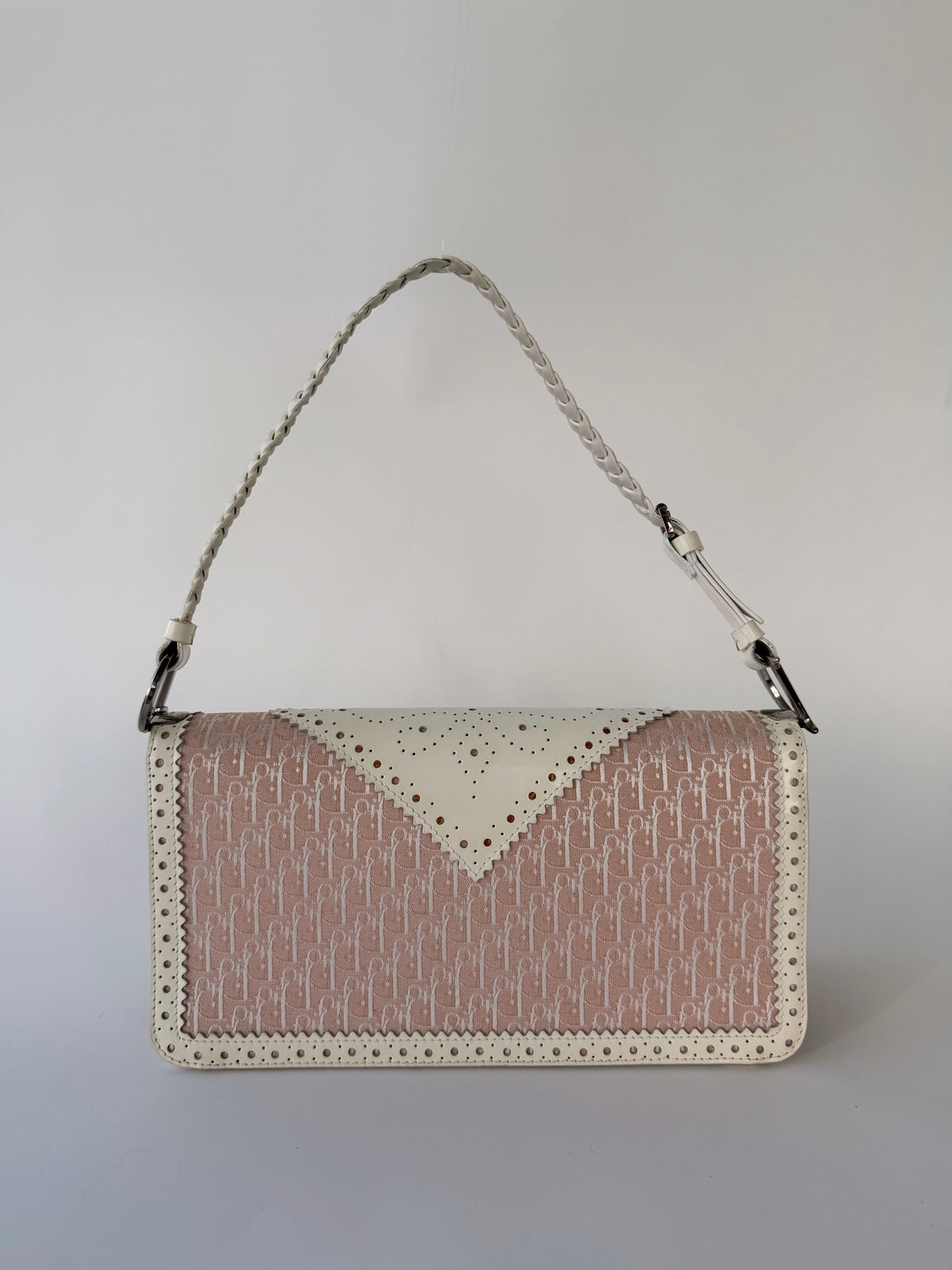 Dior D'Trick Pink Trotter Canvas White Perforated Leather Bag