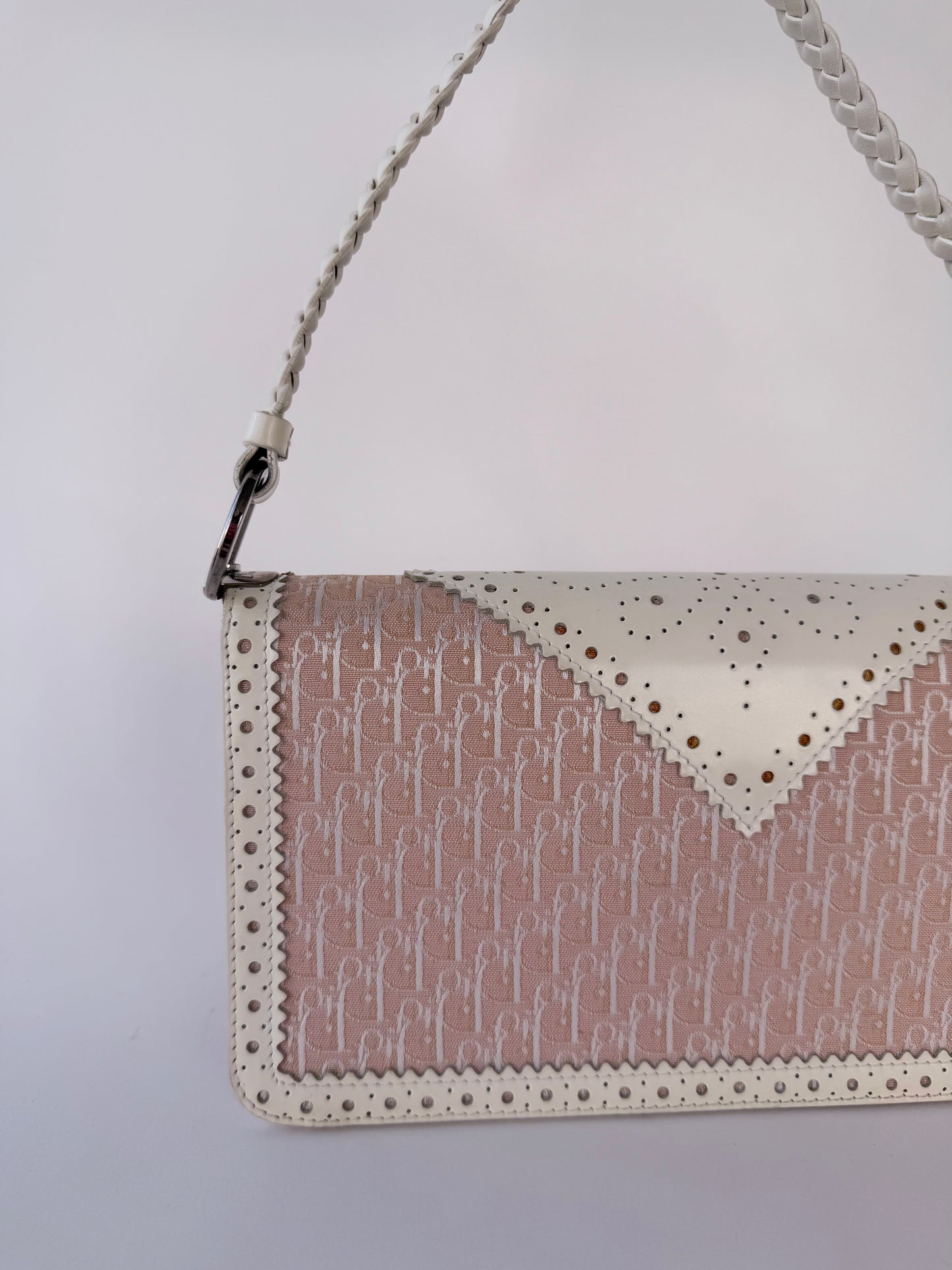 Dior D'Trick Pink Trotter Canvas White Perforated Leather Bag