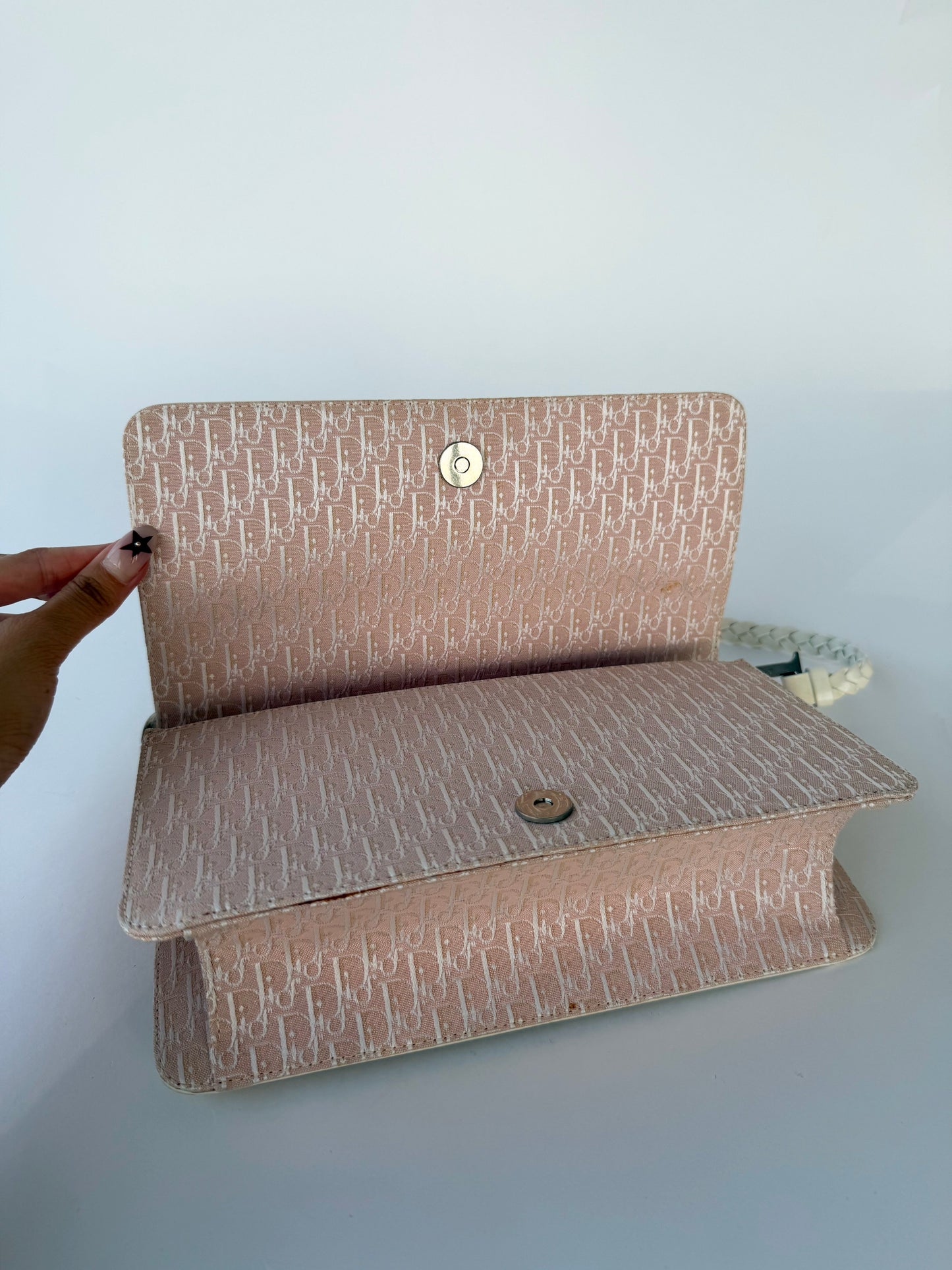 Dior D'Trick Pink Trotter Canvas White Perforated Leather Bag